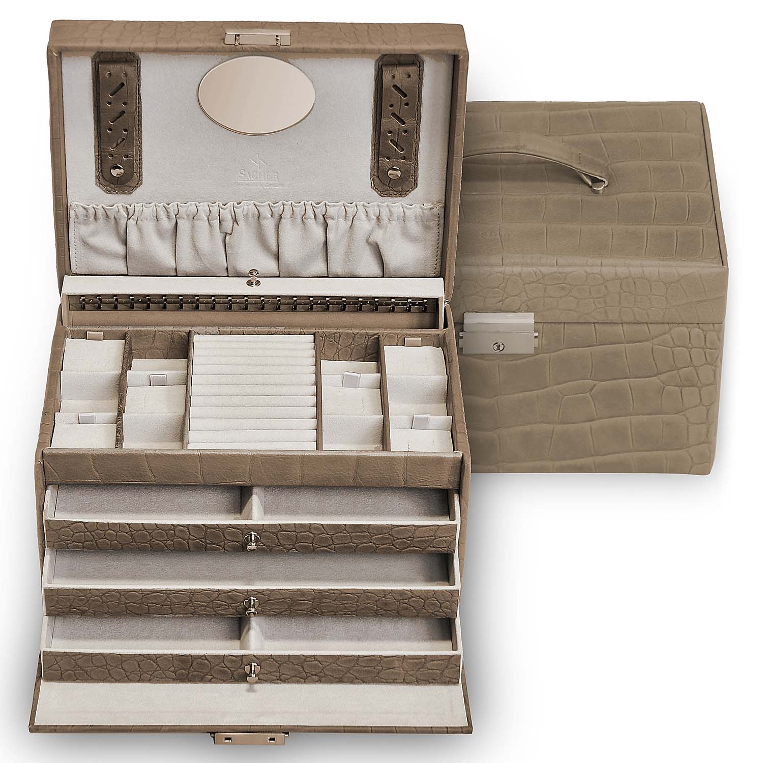 Schmuckkoffer Jasmin aus taupefarbenem Leder