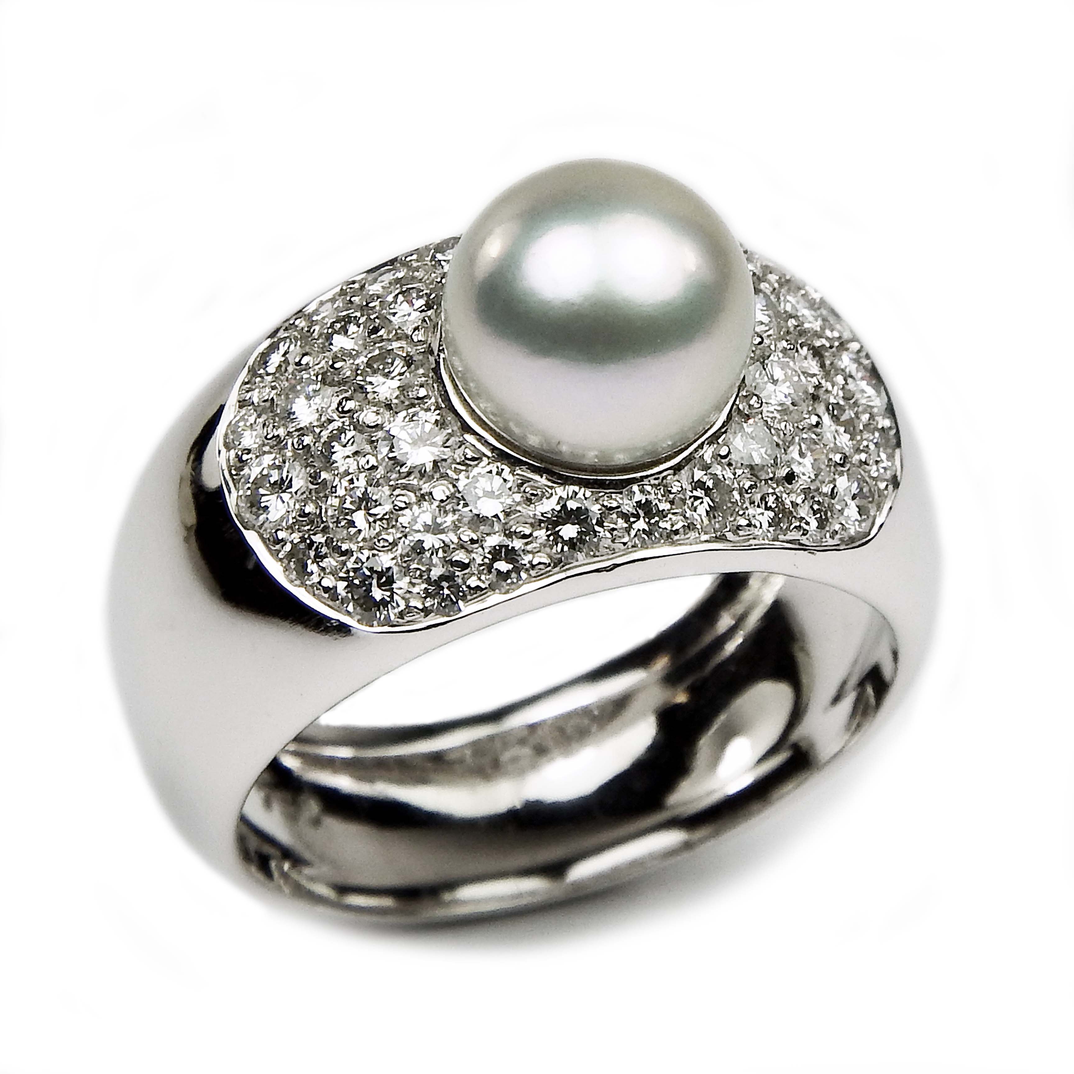 Perlring mit Brillanten Unikat Weißgold 750/000 handgearbeitet